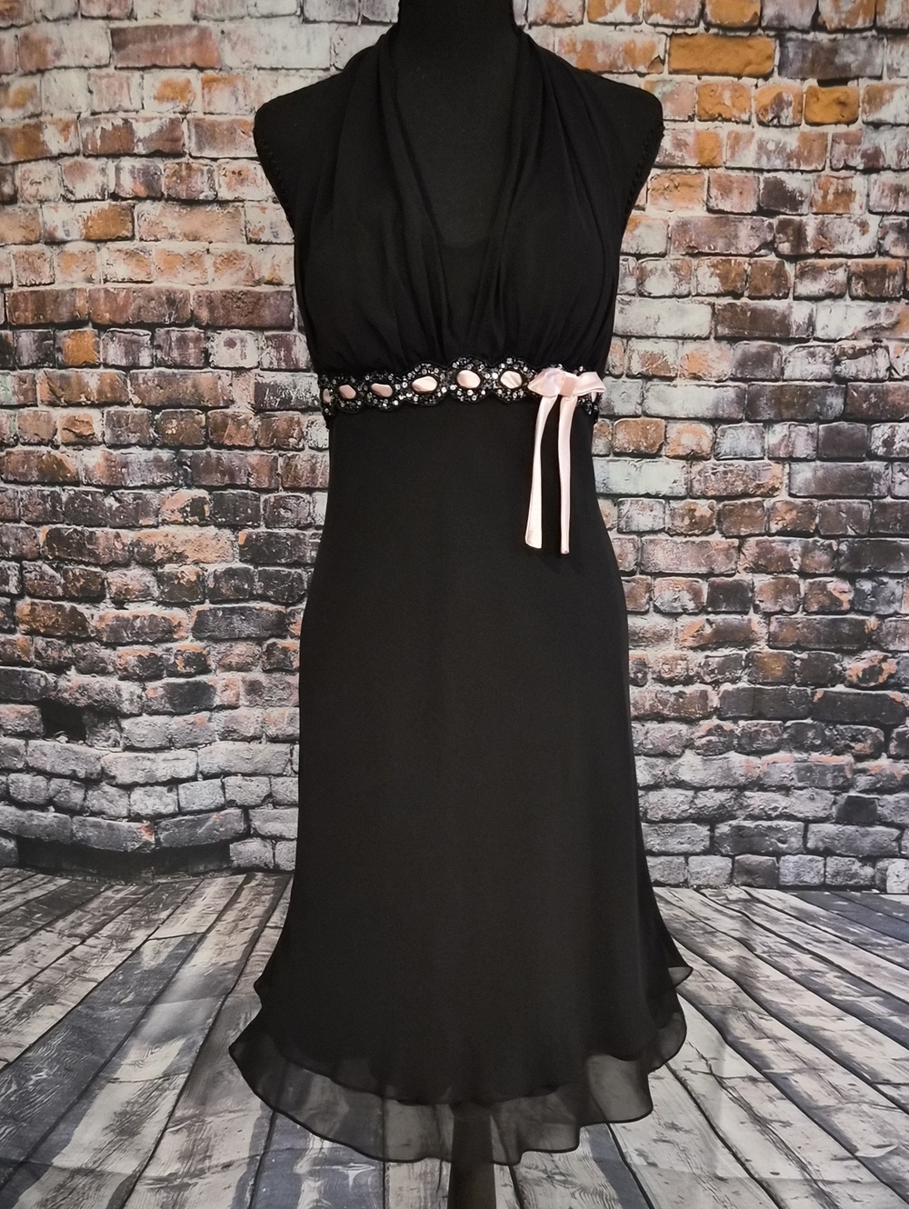 Betsy & Adam Black Halter Midi Dress with Pale Pink Ribbon